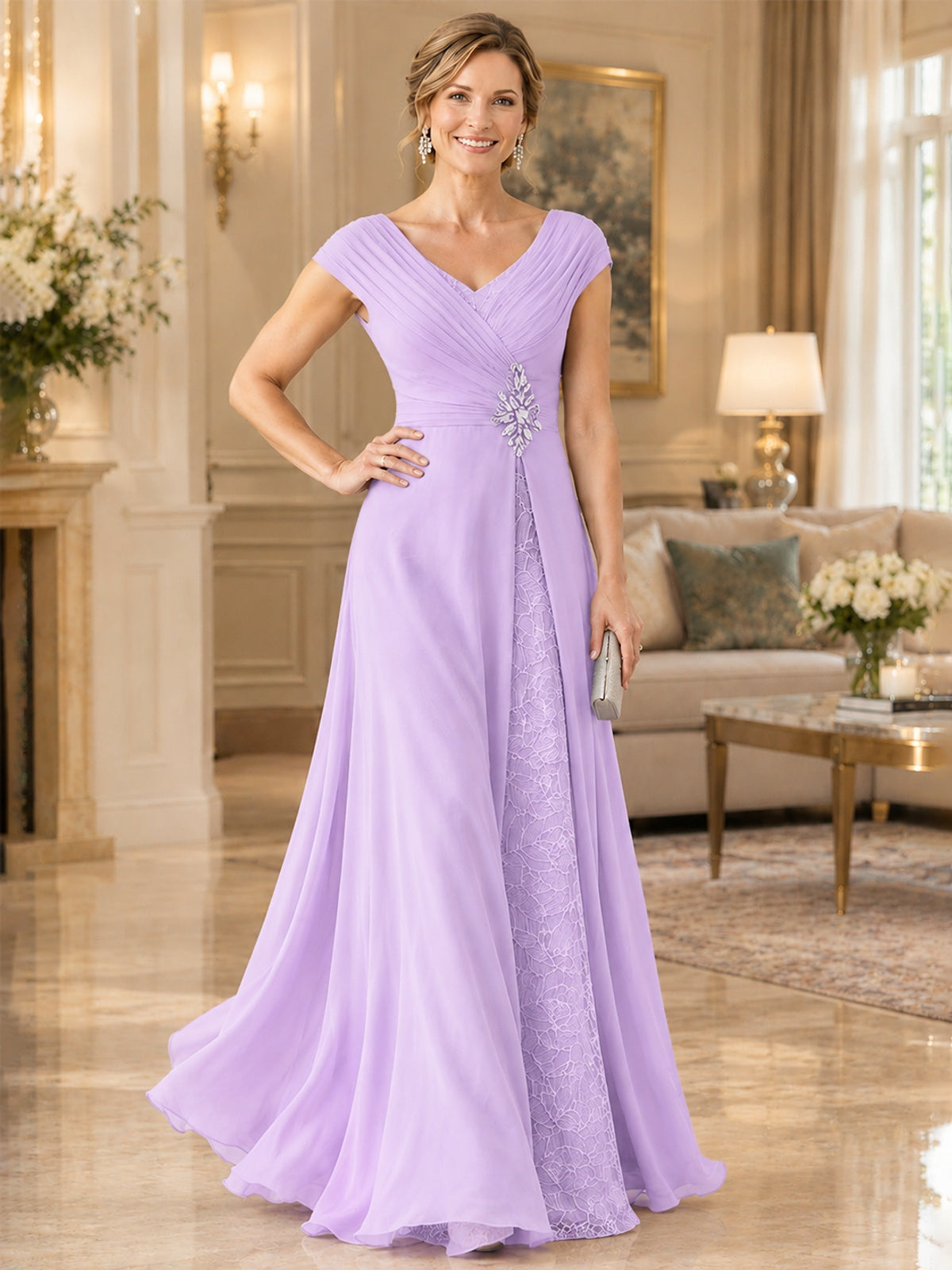 Pleated Chiffon Lace Mother of The Bride Dresses with Beading Cap Sleeves