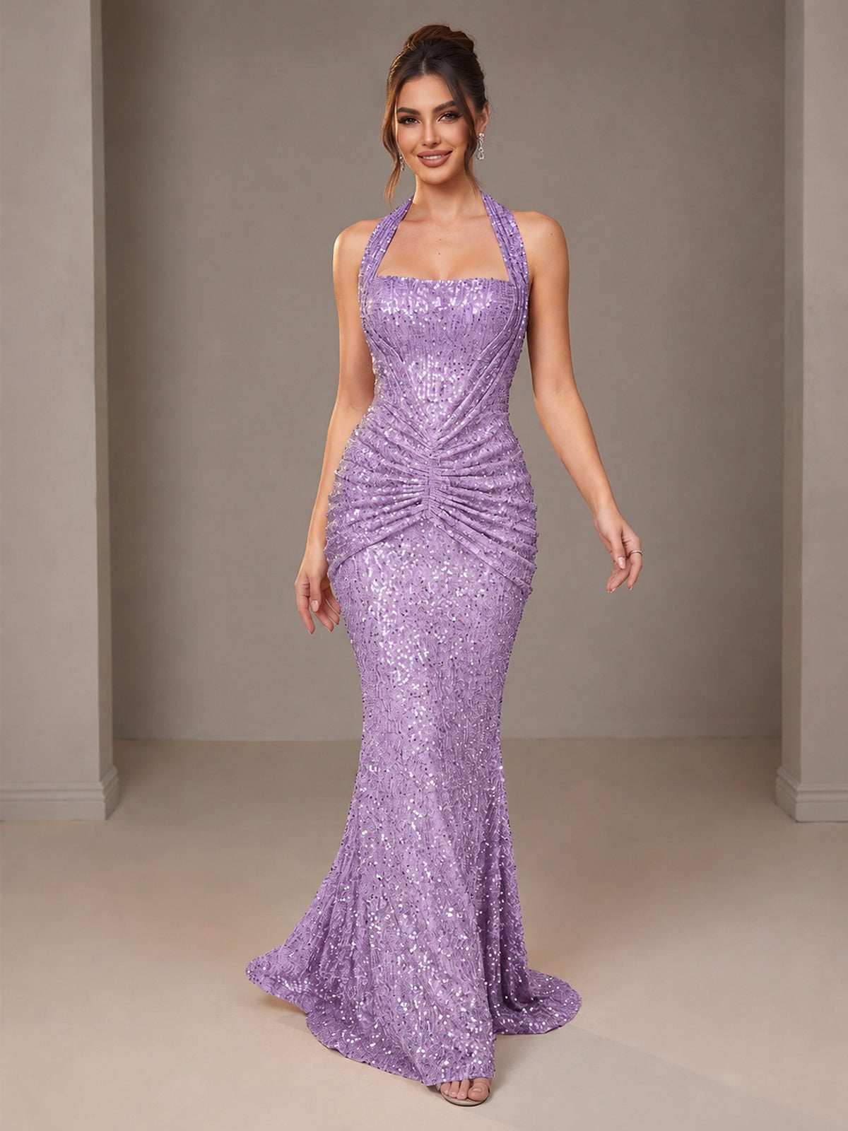 Gold Halter Sequin Mermaid Ruched Prom Dress Long Ruched Evening Gown