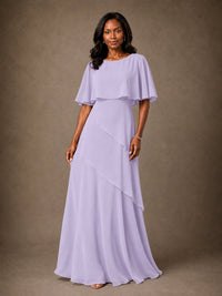 Taupe Chiffon A-Line Mother of the Bride Dress with Cape Sleeves