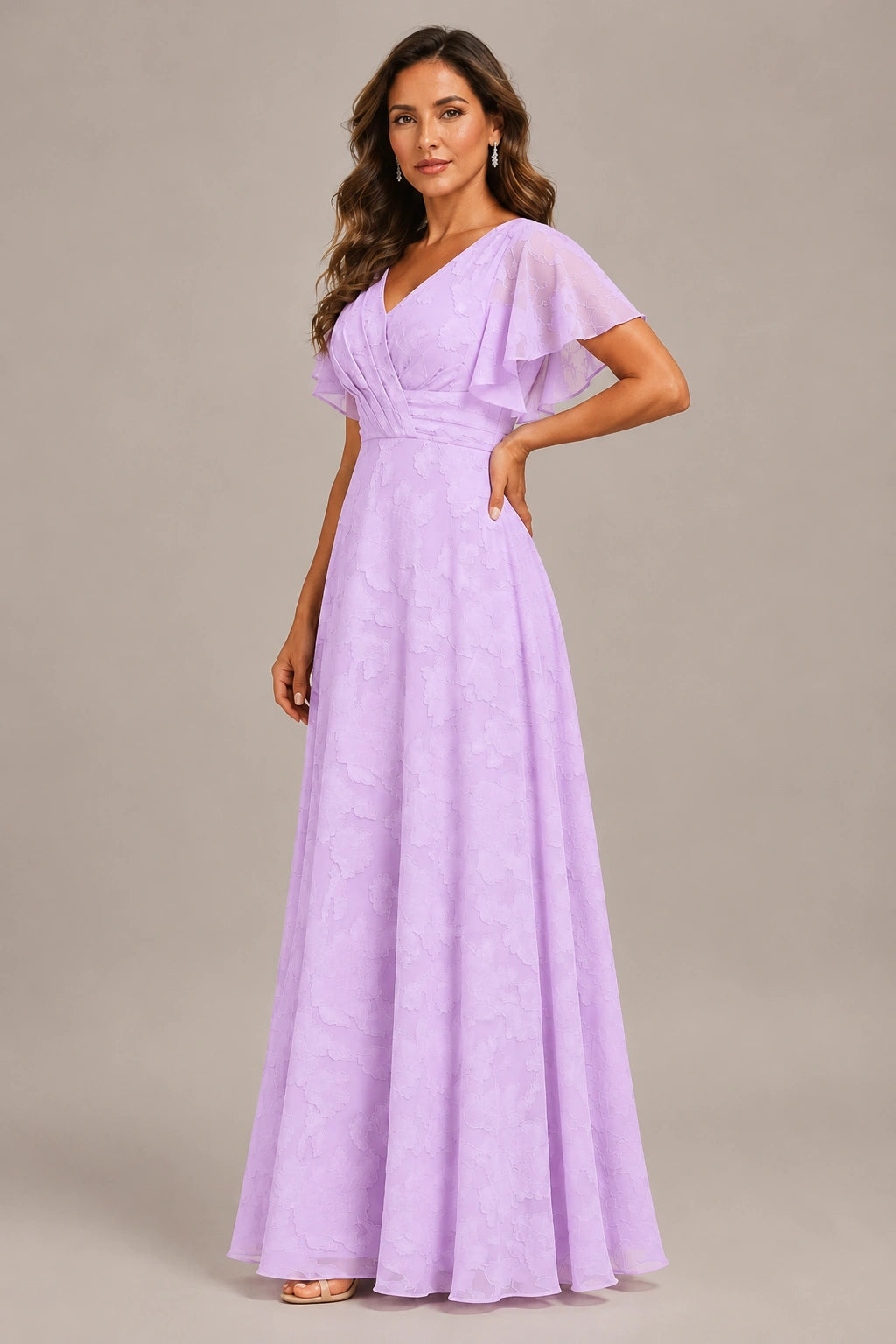 Jovellee Floral Chiffon A-Line Mother of the Bride Dress with Flutter Sleeves