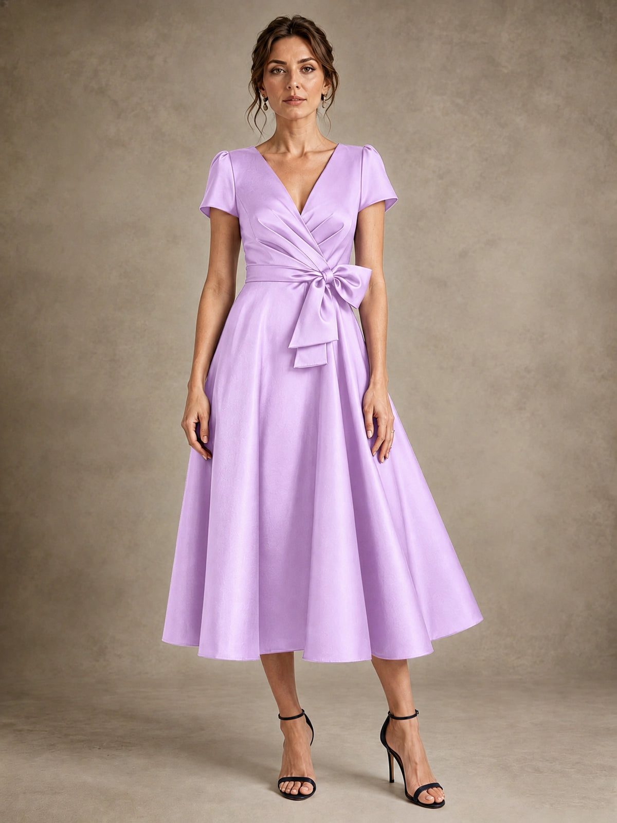 Lilac V-Neck Tea-Length Satin Mother of the Bride Dress with Bow Jovellee