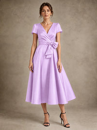 Lilac V-Neck Tea-Length Satin Mother of the Bride Dress with Bow Jovellee