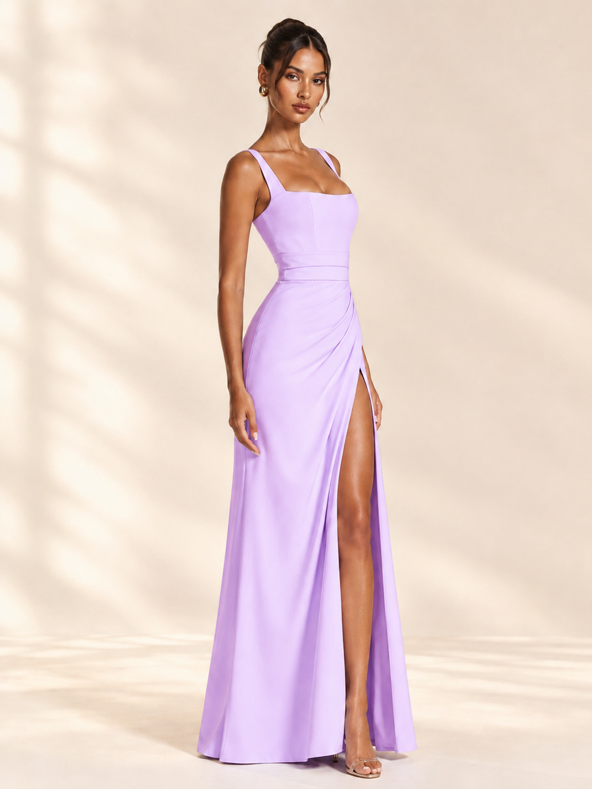 Square Neck Satin Sleeveless Ruched Prom Dress with High Slit