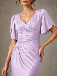 V-Neck Satin Mother of the Bride Dress with Flutter Sleeves