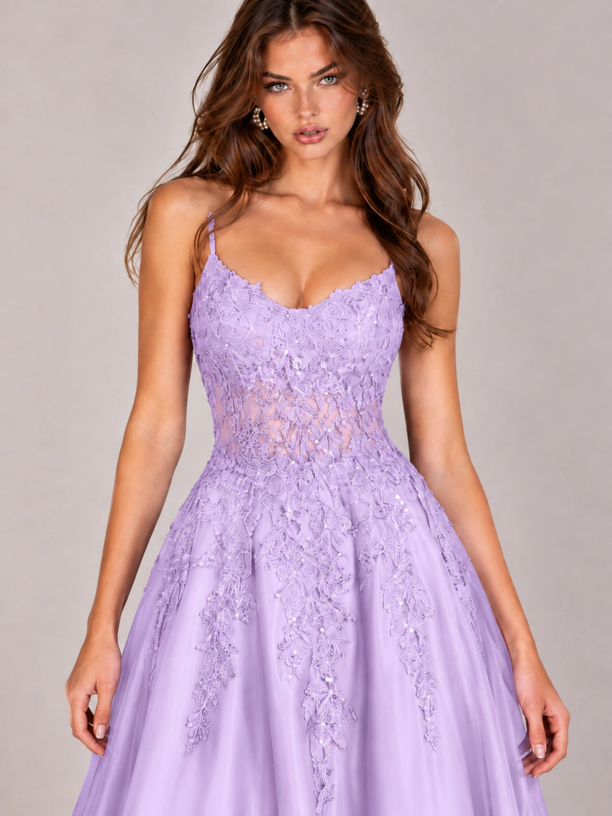 Lace Applique Satin A-Line Prom Dress with Sheer Bodice