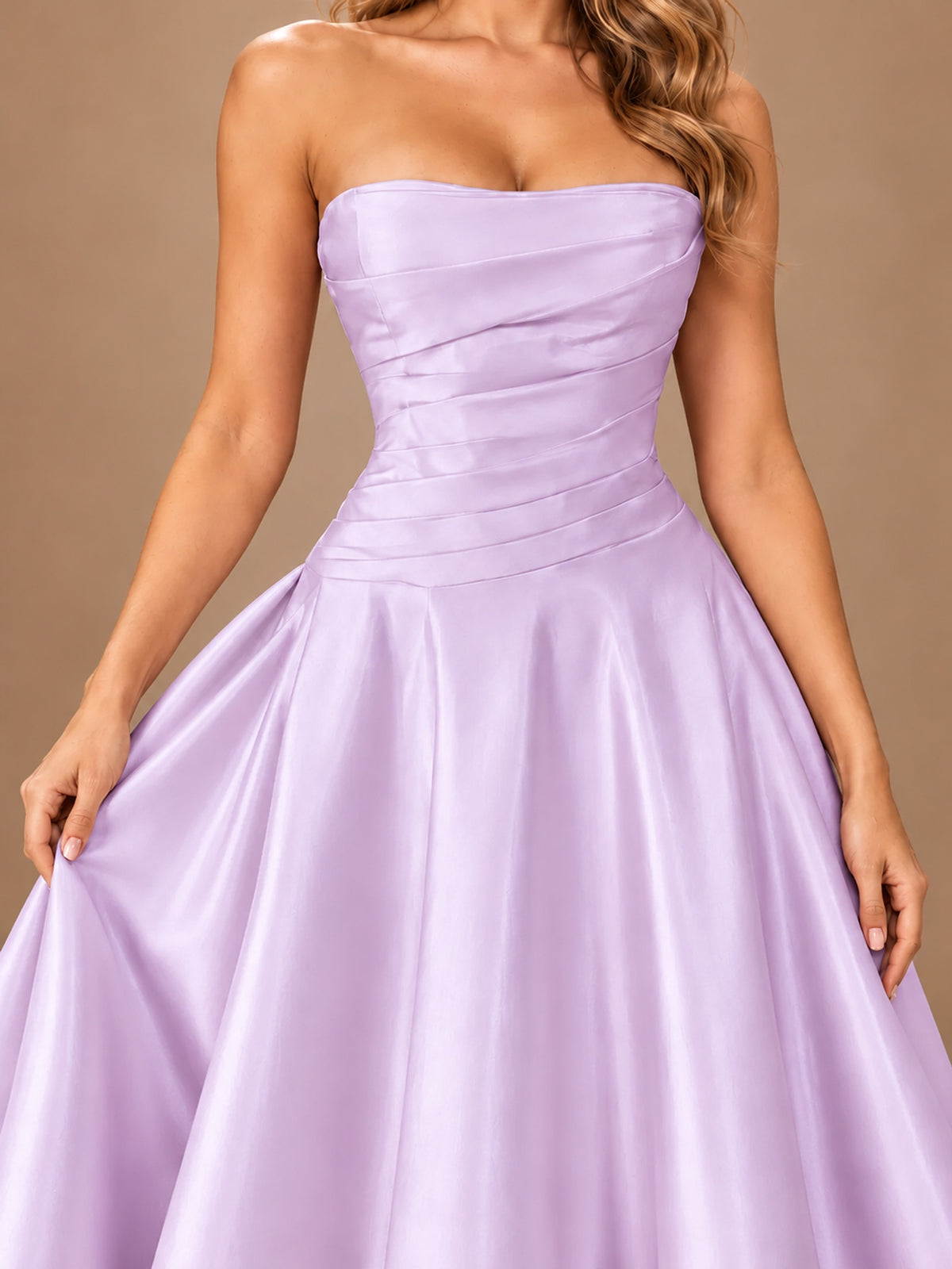 Blush Pink Strapless Satin A-Line Prom Dress with Ruched Bodice