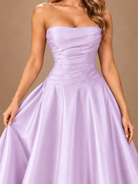 Blush Pink Strapless Satin A-Line Prom Dress with Ruched Bodice