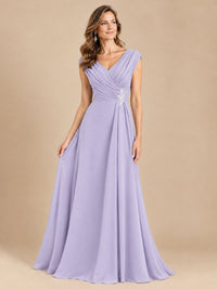 V Neck Pleated Mother of The Bride Dresses with Beading Cap Sleeves