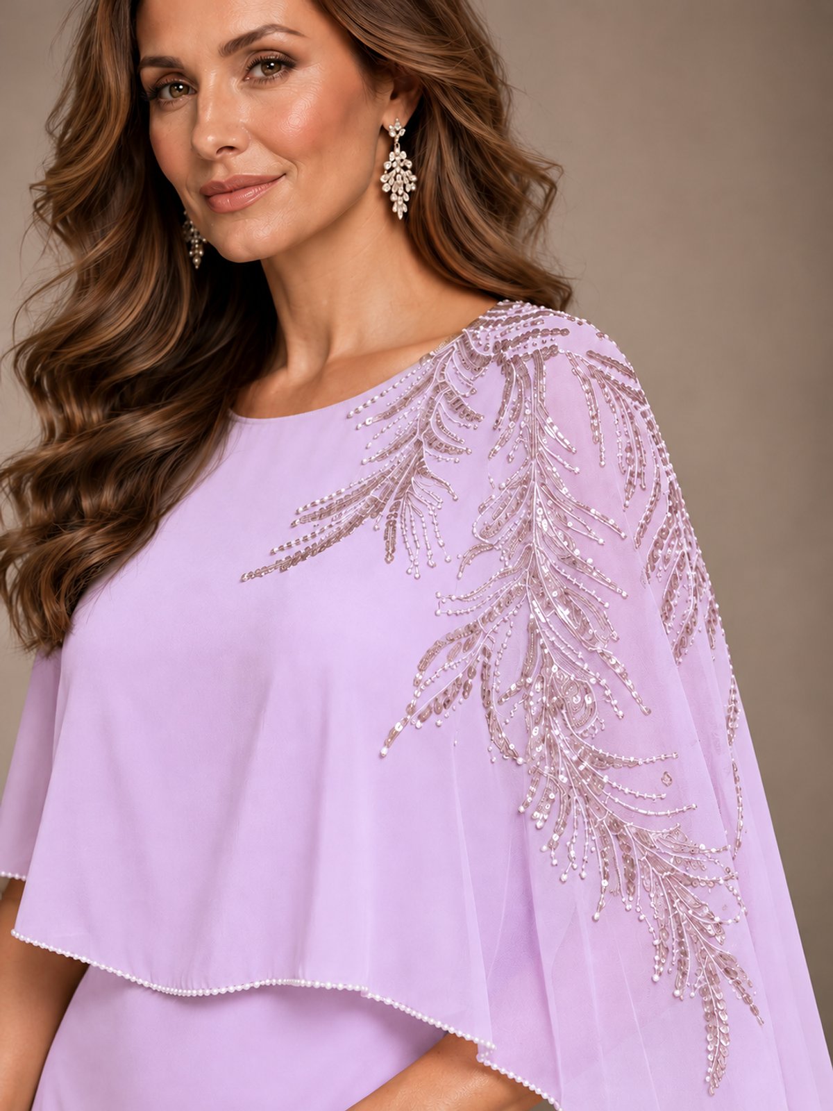 Elegant Chiffon Cape Sleeve Beaded Mother of the Bride Dress