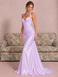 Sparkling Halter Corset Satin Mermaid Prom Dress