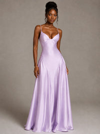Lavender V Neck Satin Prom Dress with Spaghetti Straps