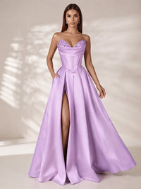 Strapless Corset Satin Prom Dress Long Evening Gown with High Slit