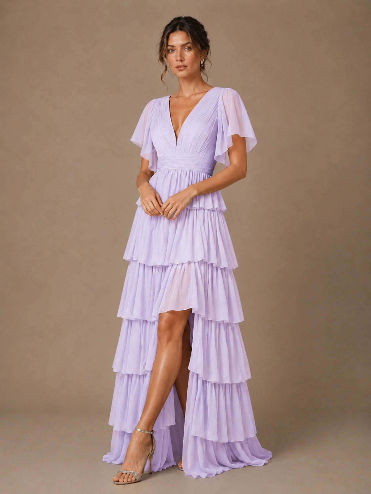 Chiffon V-Neck Tiered Ruffle Bridesmaid Dress with Slit