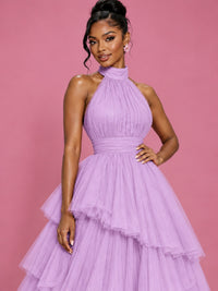 Hot Pink Tulle Halter Neck Tiered Ruffle Maxi Dress