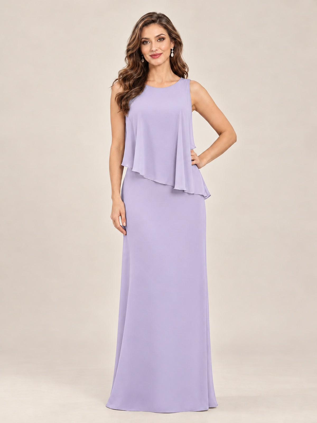 Cape Sleeve Mother of the Bride Dress with Asymmetrical Overlay