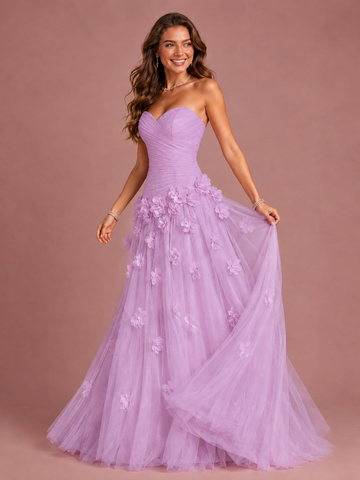 Blush Pink Strapless Sweetheart 3D Floral Tulle Ball Gown Prom Dres