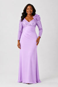 Sequin Mother of the Bride Dress with Long Sleeves 3D Floral V-Neck Gown