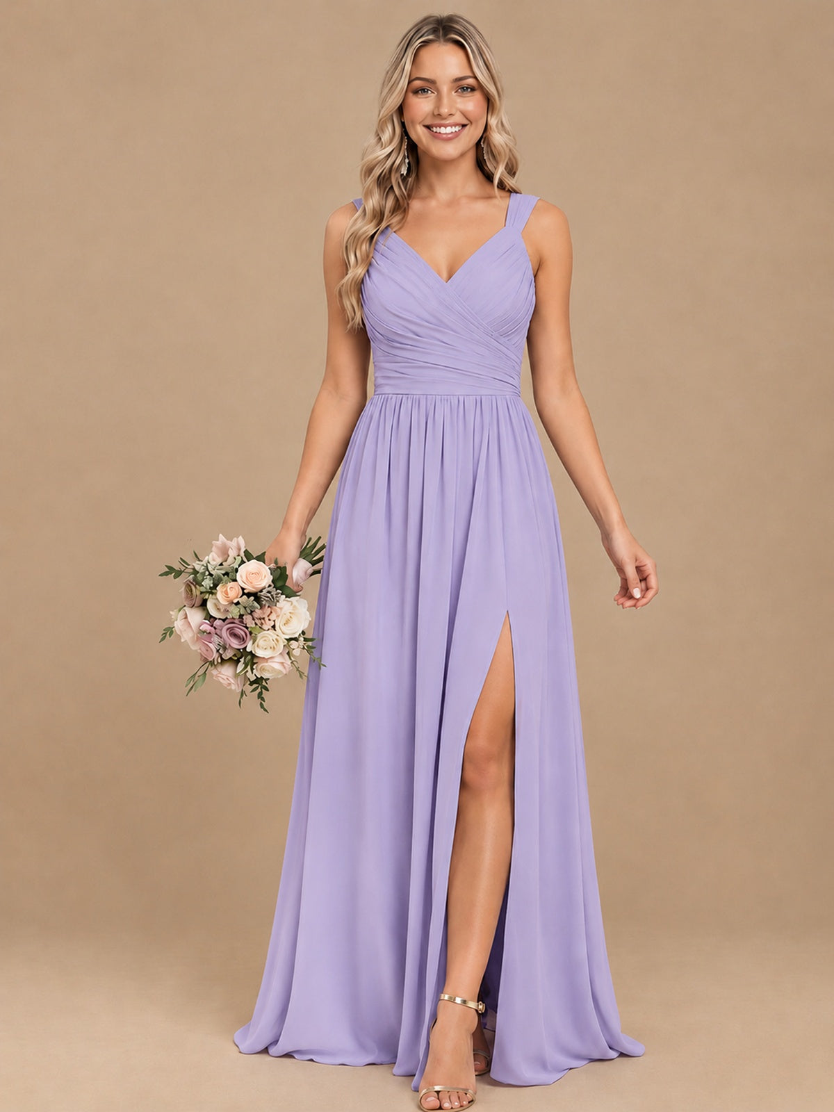 Pleated Chiffon V Neck Wedding Bridesmaid Dresses Floor Length with Slit