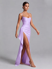 Square Neck Satin Long Prom Dress with Ruffles