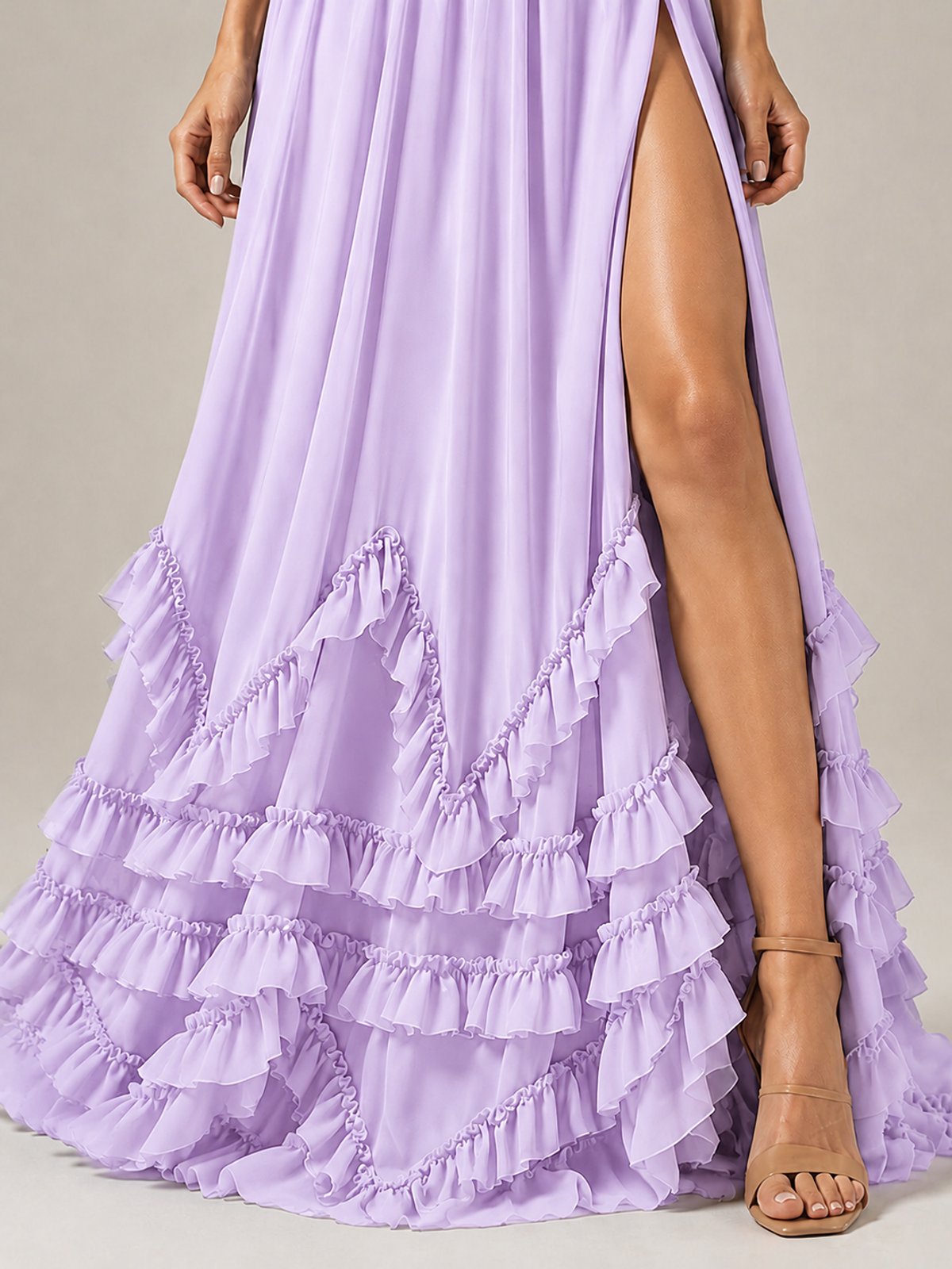Halter V Neck Chiffon Formal Dress with Lace-Up Back and Ruffle Hem
