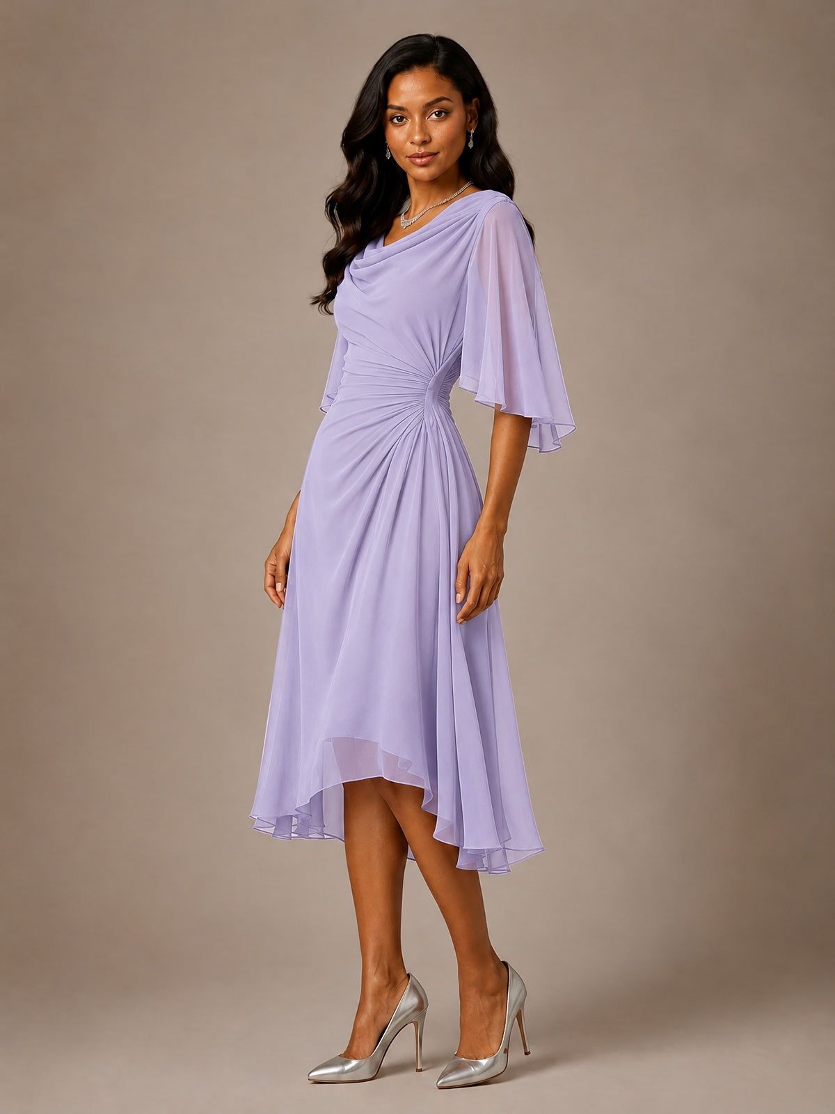Cowl Neck Ruched Chiffon Mother of the Bride Dresses with Flutter Sleeves