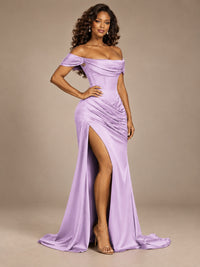 Burgundy Off-the-Shoulder Satin Corset Prom Dress with Slit