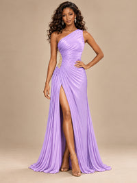 Burgundy One Shoulder Ruched Prom Dress with High Slit & Beaded Waist