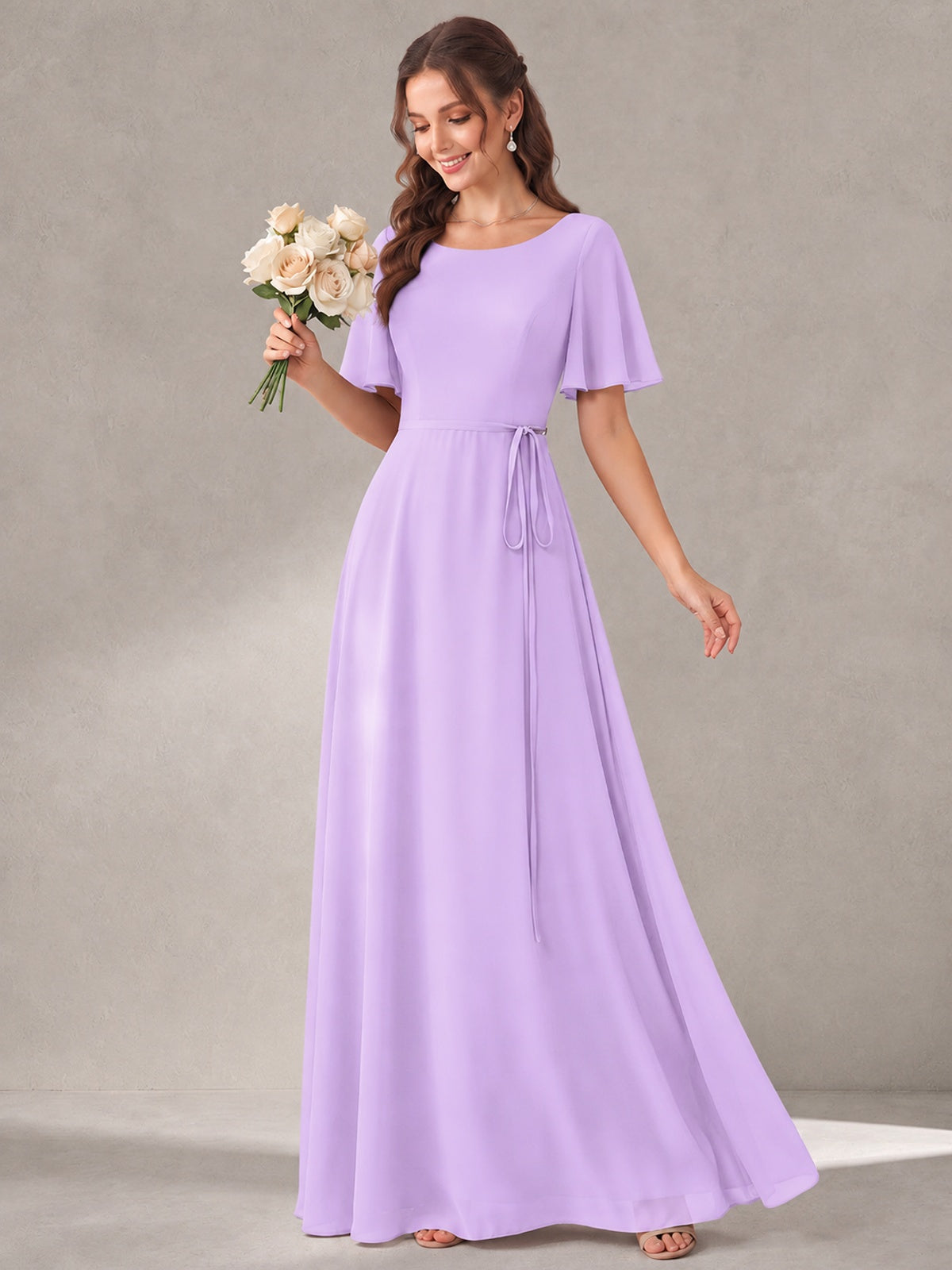 Scoop Neck A-line Chiffon Bridesmaid Dress with Flutter Sleeve & Belt
