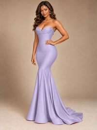 Red Strapless Satin Mermaid Prom Dress with Corset Bodice
