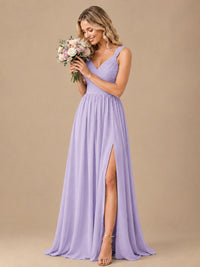 Pleated Chiffon V Neck Wedding Bridesmaid Dresses Floor Length with Slit