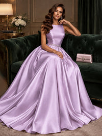 Satin A-Line Prom Dress Sleeveless Beaded Waist Formal Gown with Pockets