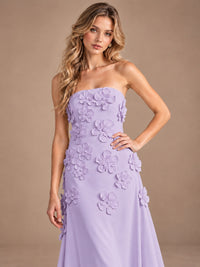 Yellow Strapless A-line Satin Maxi Dress with 3D Floral