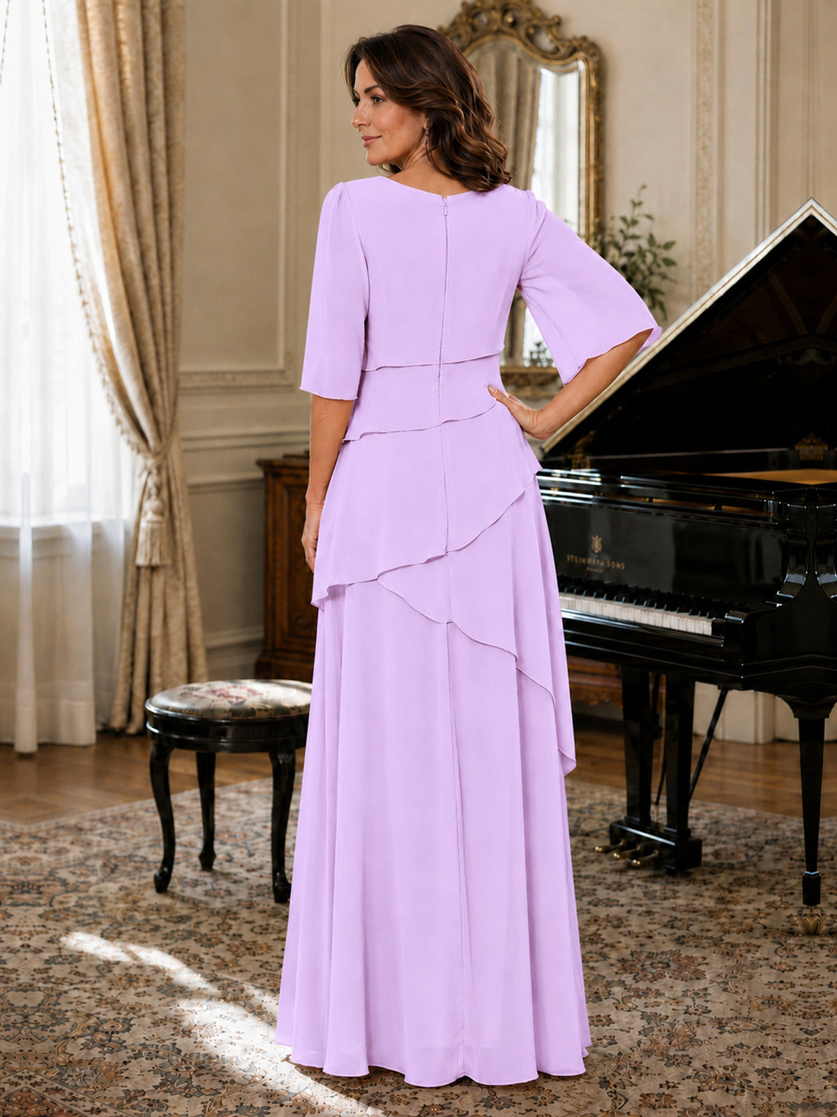 Asymmetric Draped Chiffon Mother of the Bride Dress with Flutter Sleeves