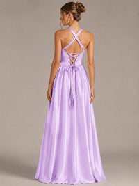 Light Yellow Halter Neck Satin A-Line Maxi Dress with Pockets