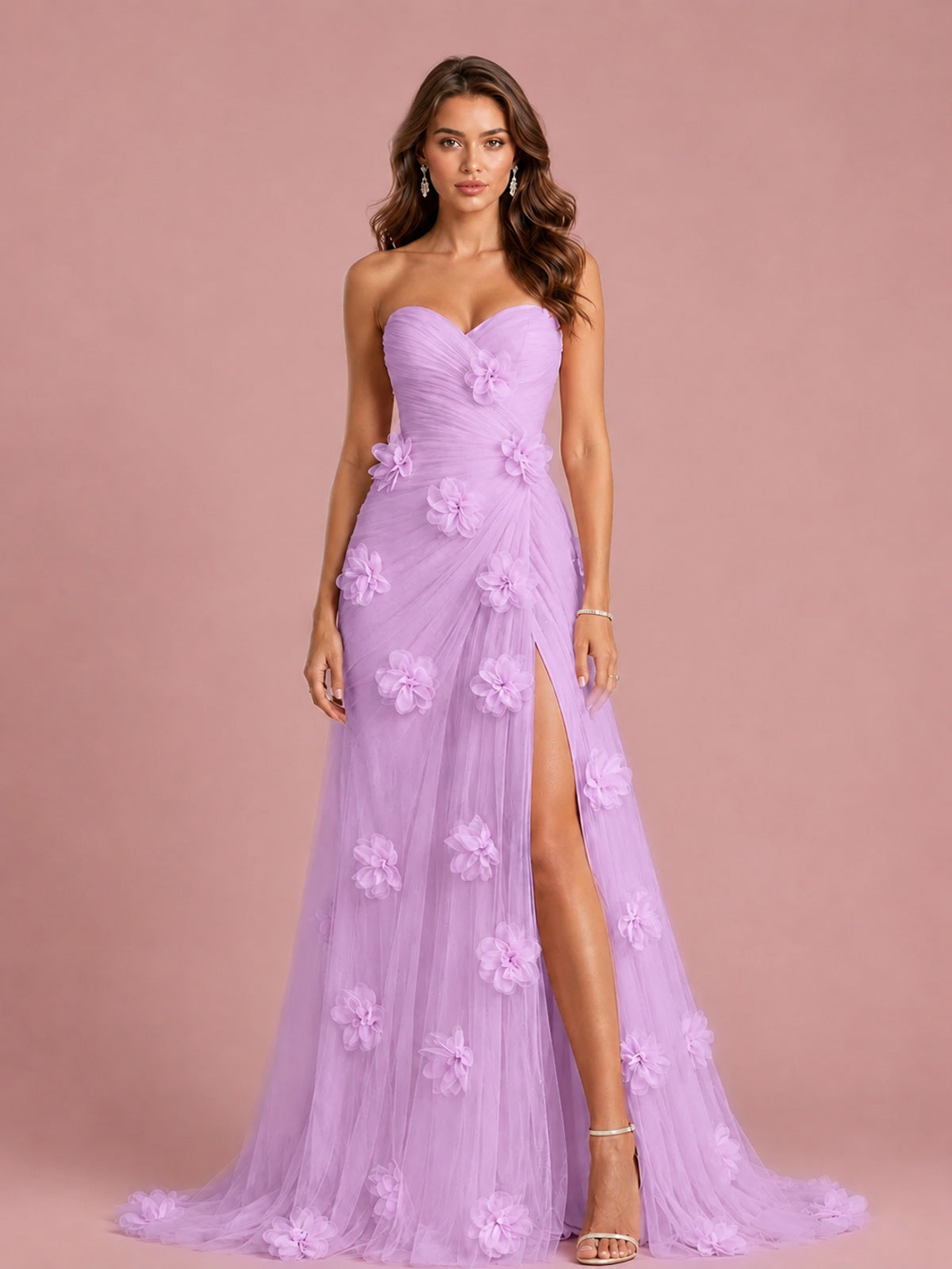 3D Floral Applique Strapless Tulle Prom Dress with High Slit