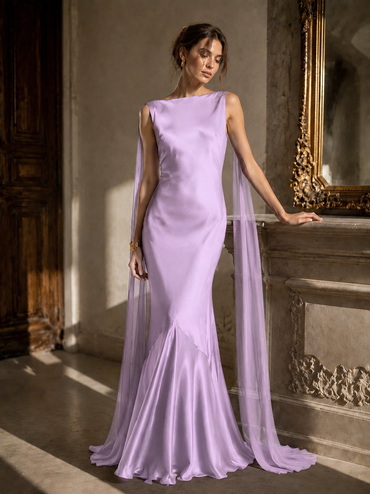 Burgundy Satin Mermaid Cape Maxi Dress