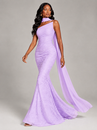 Pleated Chiffon Lace Prom Dresses Long Bodycon Mermaid with Scarf