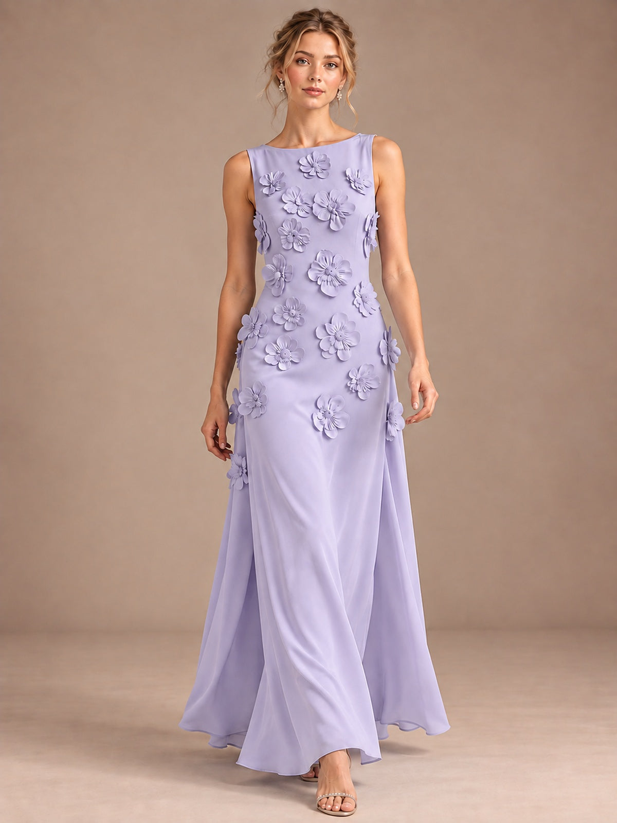 3D Floral Applique Sleeveless Formal Maxi Dress