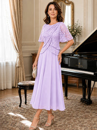 Tea-Length Chiffon Mother of the Bride Dress with Sequin Lace Sleeves