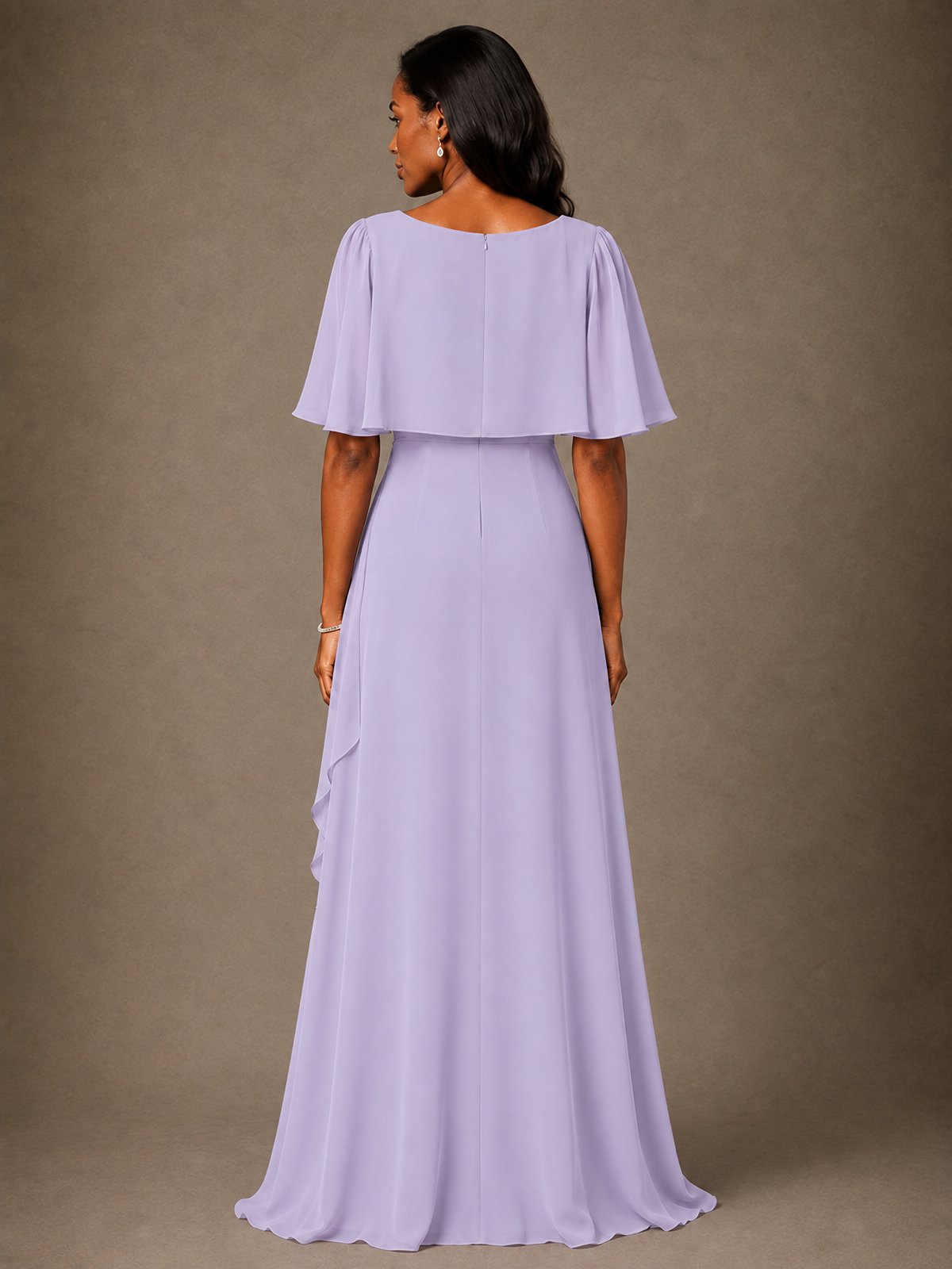 Taupe Chiffon A-Line Mother of the Bride Dress with Cape Sleeves