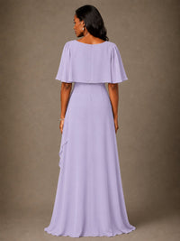 Taupe Chiffon A-Line Mother of the Bride Dress with Cape Sleeves