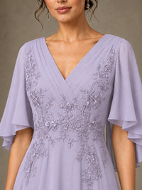 V-Neck Chiffon Lace Mother of the Bride Dress with Flutter Sleeves