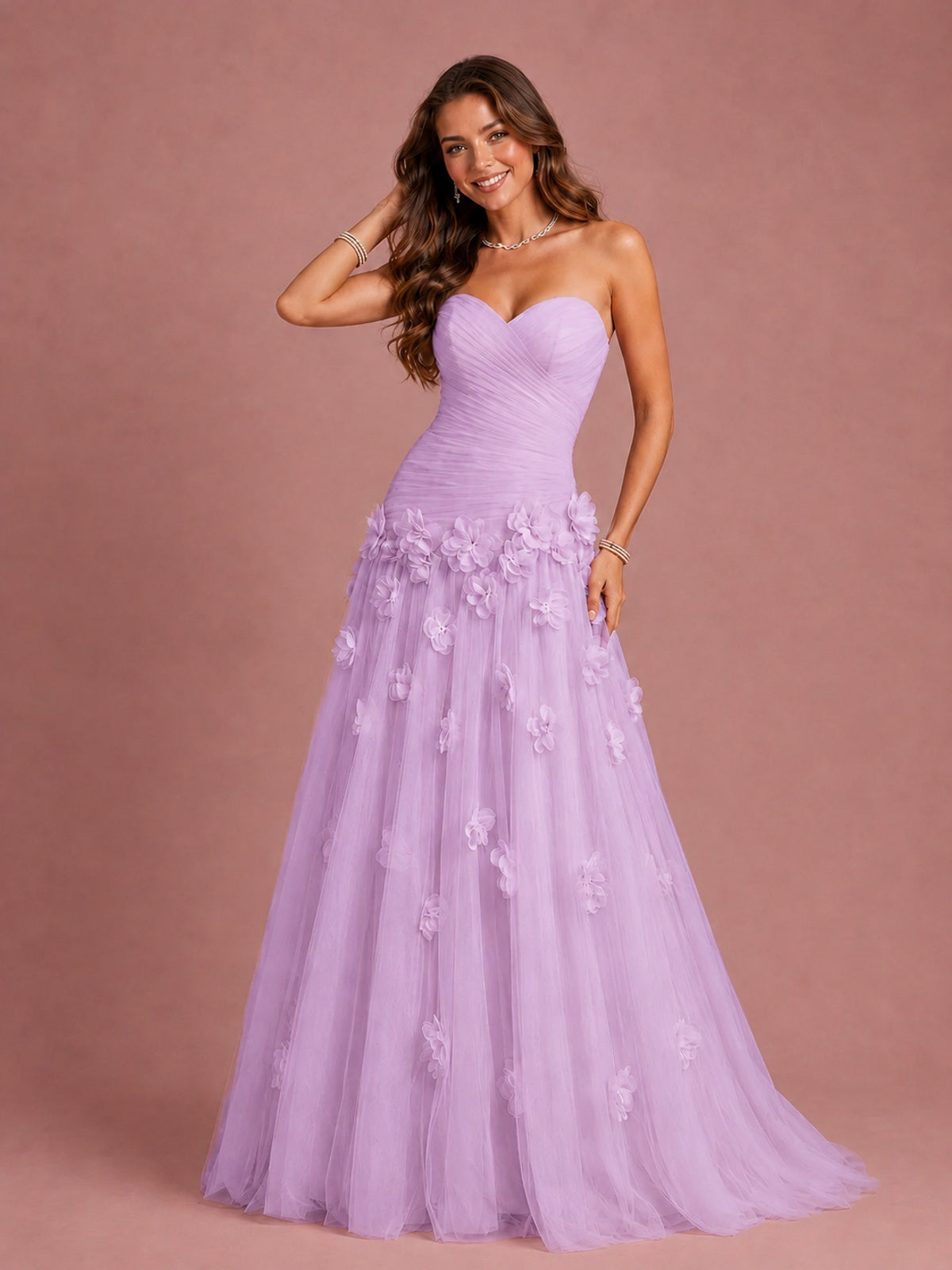Blush Pink Strapless Sweetheart 3D Floral Tulle Ball Gown Prom Dres