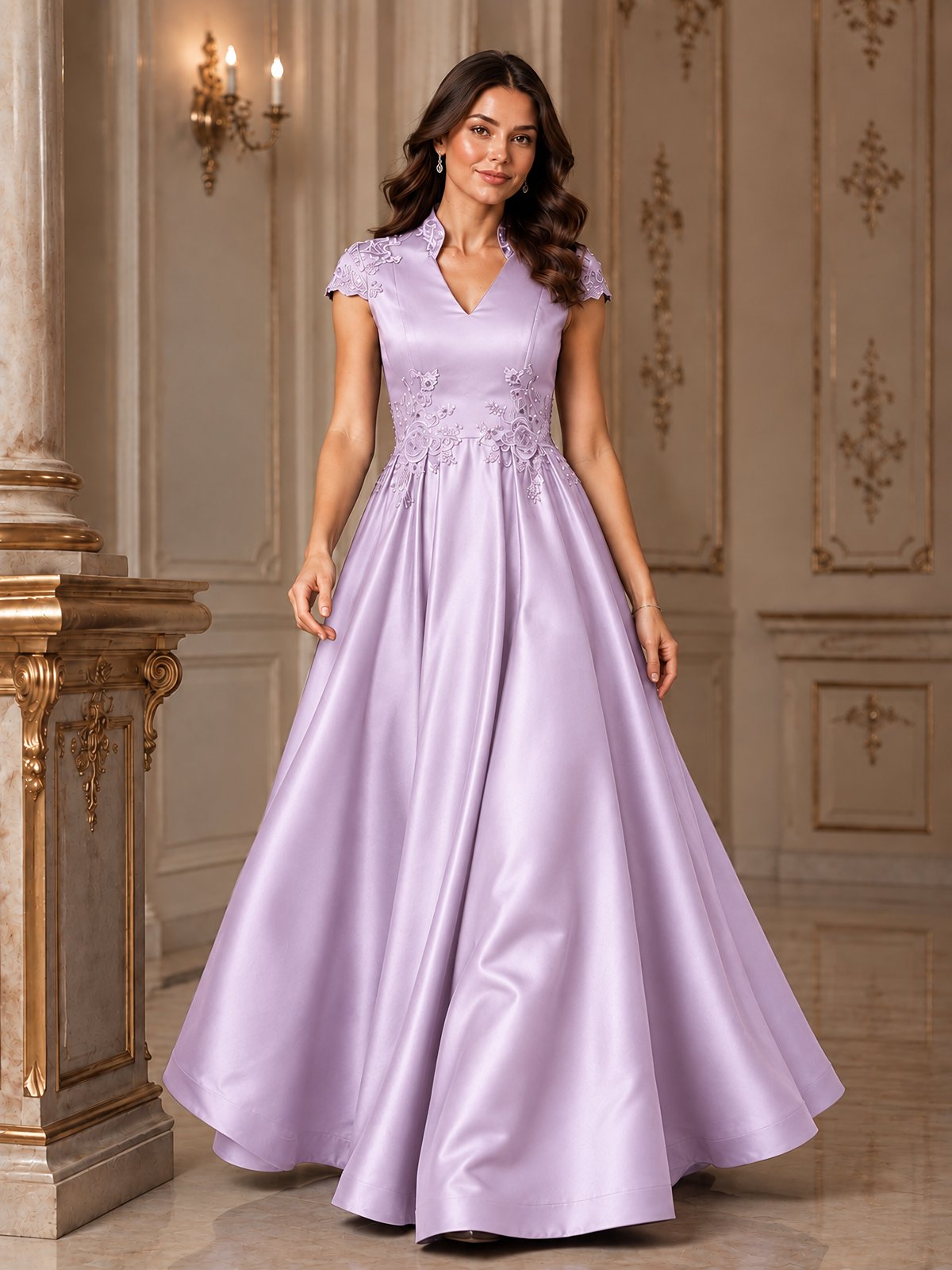 Lace Appliqué A-Line Satin Maxi Dress