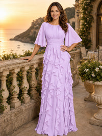 Elegant Chiffon Mother of the Bride Dress with Flutter Sleeves and Ruffle Skirt