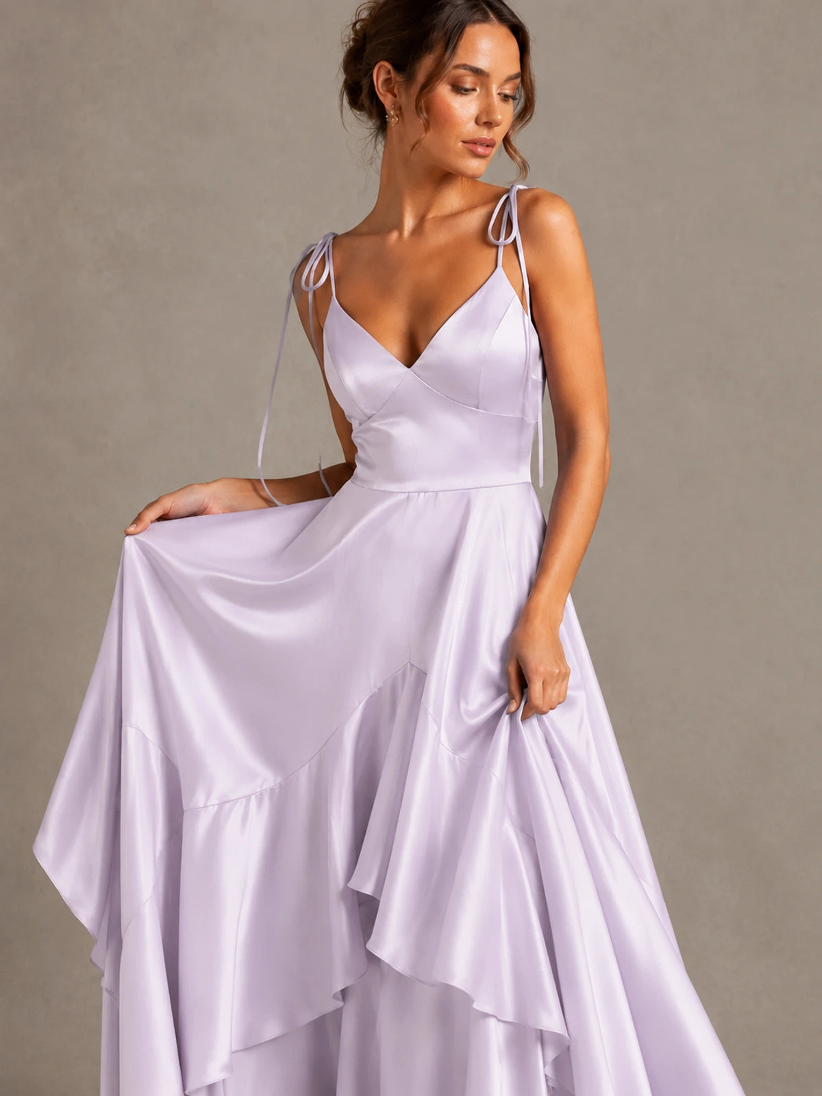 Lavender Satin V-Neck Ruffle Maxi Dress