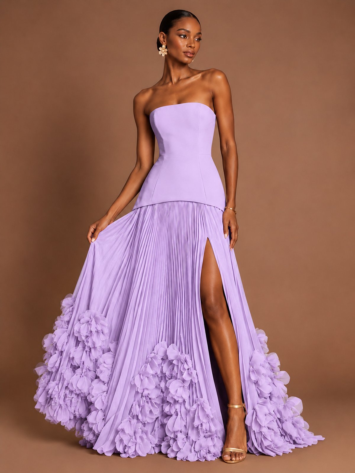 Strapless Pleated Floral Satin Formal Dress with Side Slit