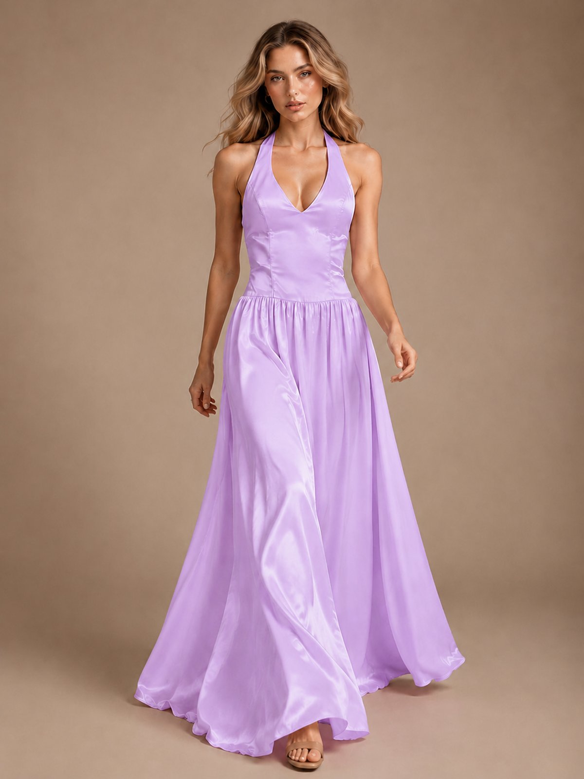 Pink V Neck Halter Satin Maxi Dress