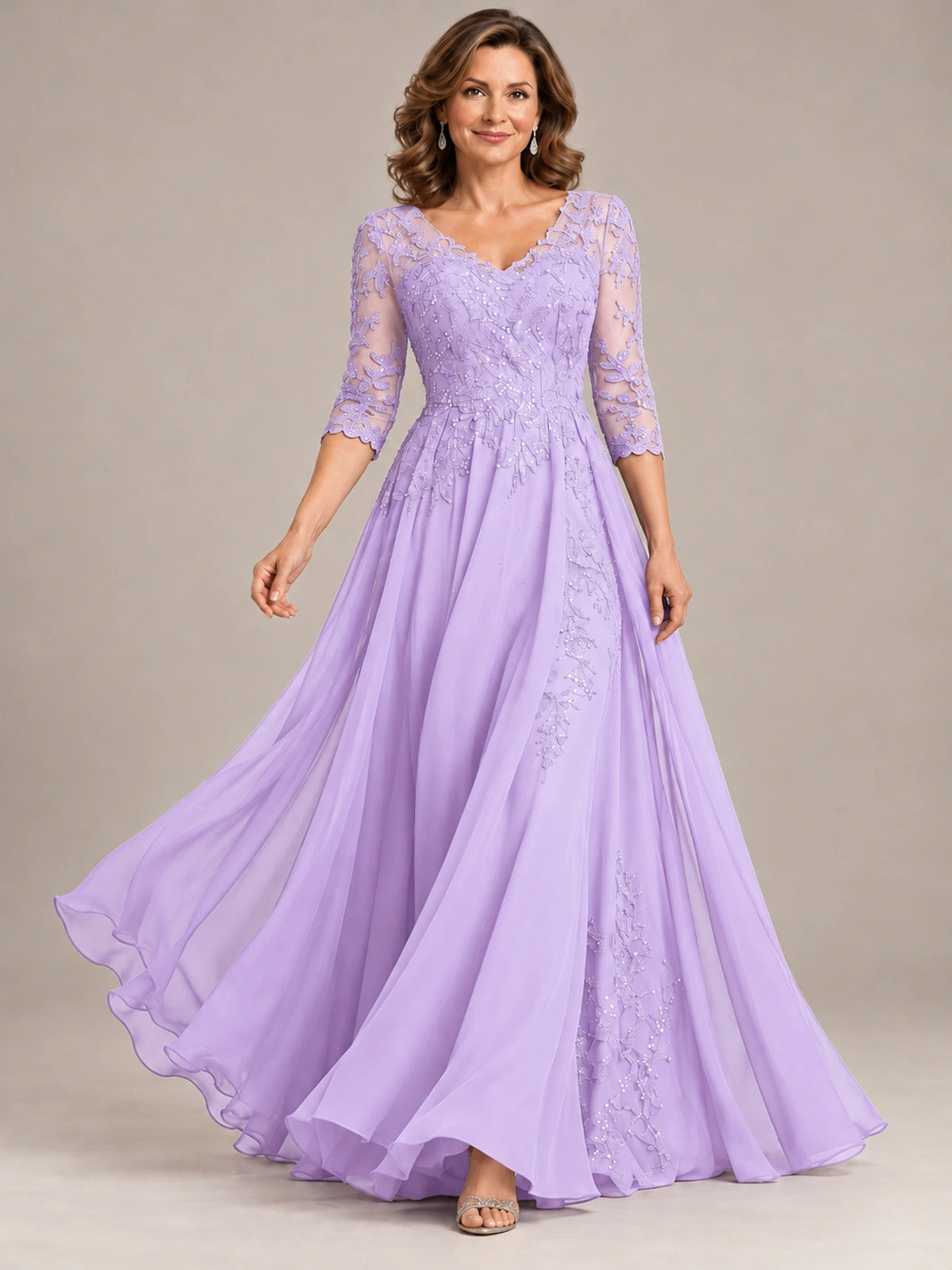 Sequin Lace A-Line Mother of the Bride Dress with 3/4 Sleeves