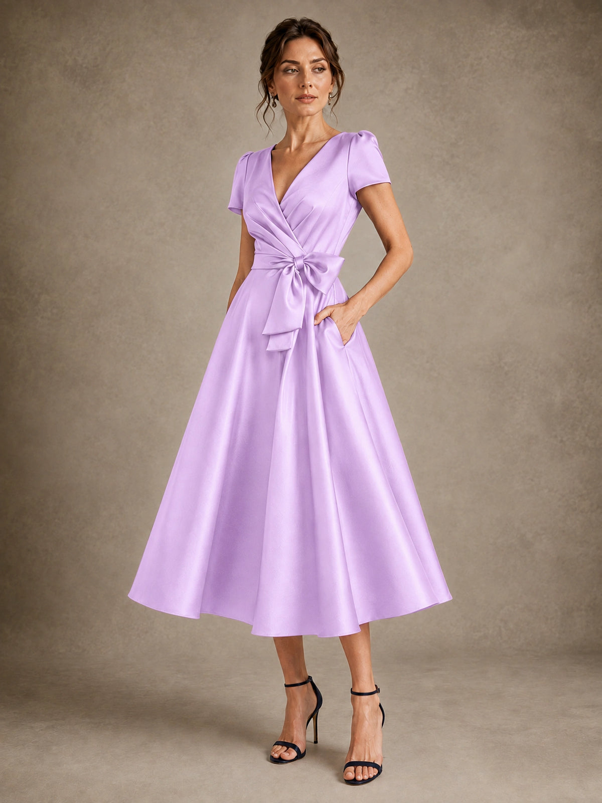 V-Neck Tea-Length Satin Mother of the Bride Dress with Bow